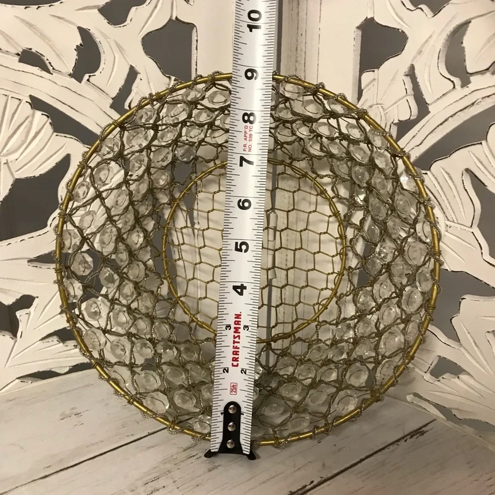 Rustic Vintage Wire Beaded Basket with Crystal Accents, Gold-Tone Tabletop Decor